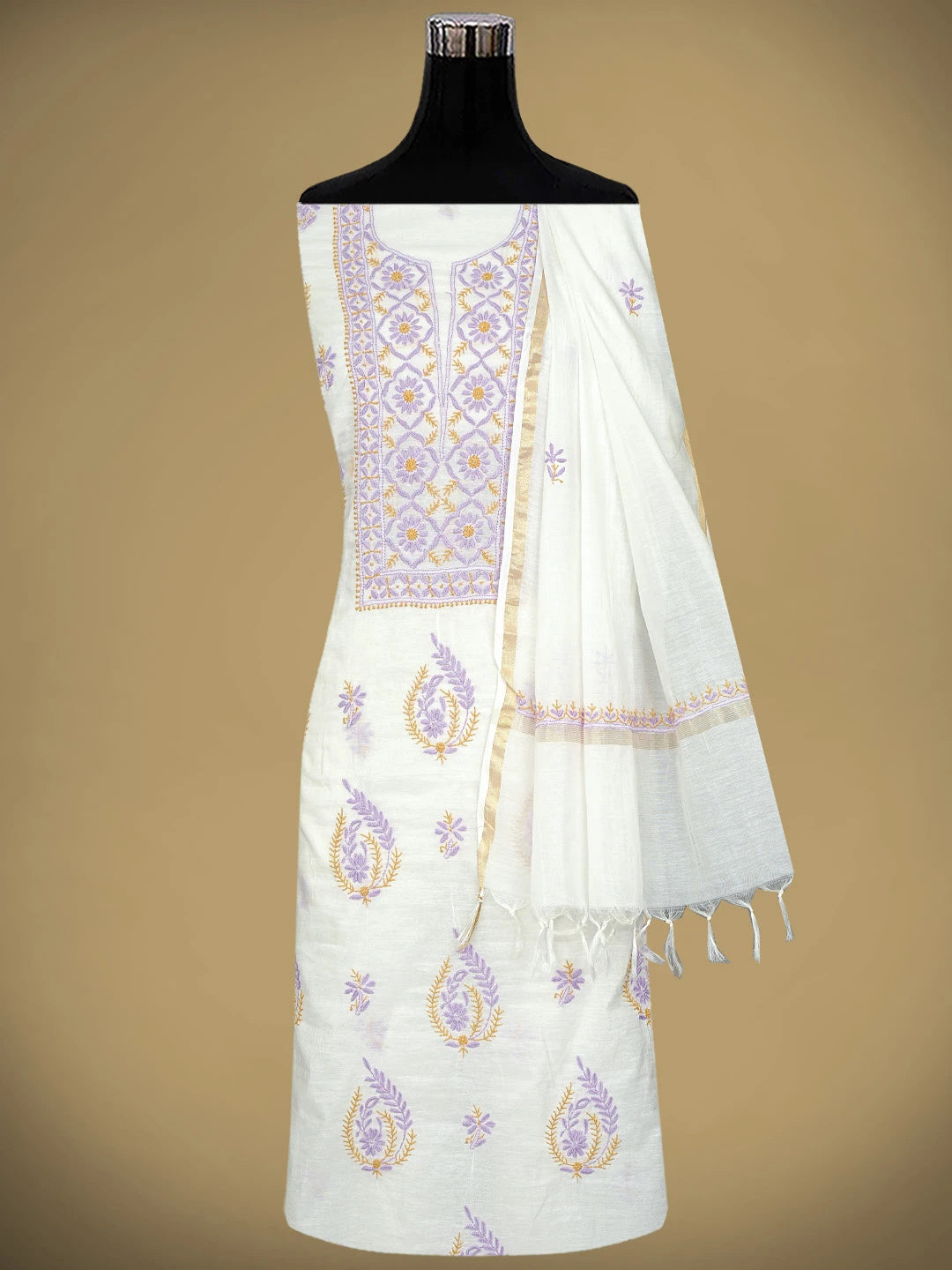 Ada Hand Embroidered White Cornsilk Chanderi Lucknowi Chikankari Kurta Dupatta Set 01A895963