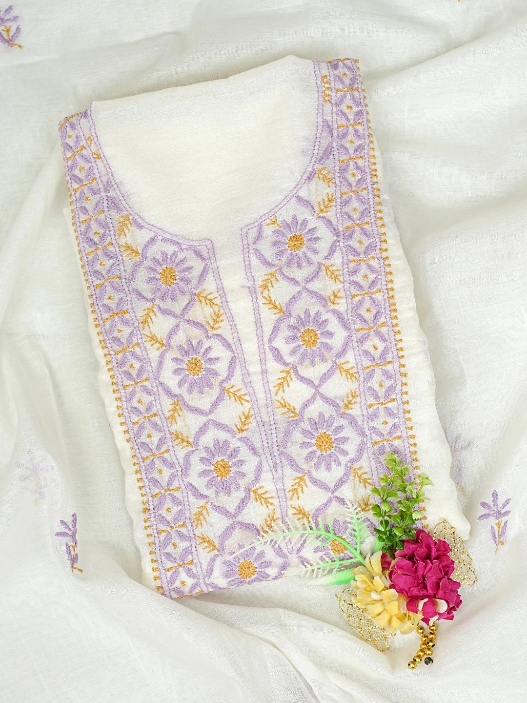 Ada Hand Embroidered White Cornsilk Chanderi Lucknowi Chikankari Kurta Dupatta Set 01A895963