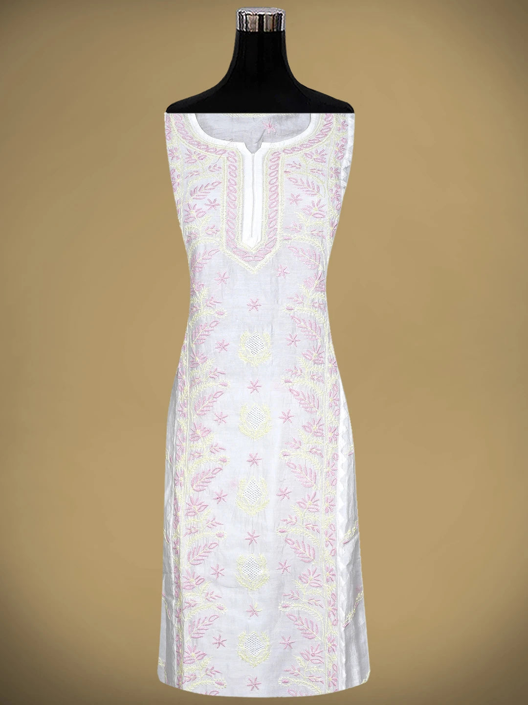 Ada Hand Embroidered Cream Chanderi Lucknowi Chikankari  Semi-Stitched Kurta Dupatta Set 01A896733