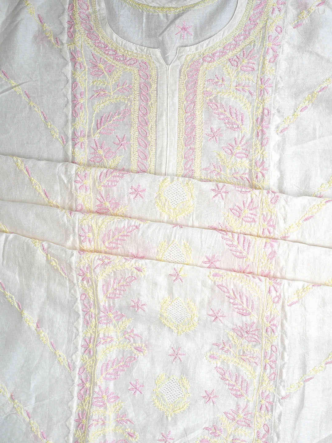 Ada Hand Embroidered Cream Chanderi Lucknowi Chikankari  Semi-Stitched Kurta Dupatta Set 01A896733