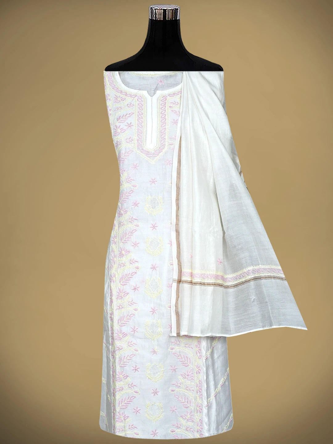 Ada Hand Embroidered Cream Chanderi Lucknowi Chikankari  Semi-Stitched Kurta Dupatta Set 01A896733