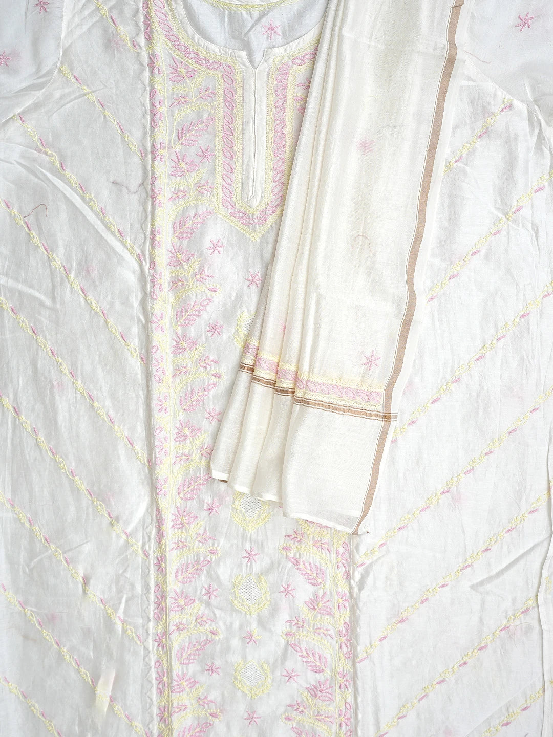 Ada Hand Embroidered Cream Chanderi Lucknowi Chikankari  Semi-Stitched Kurta Dupatta Set 01A896733