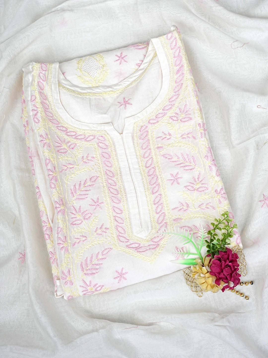 Ada Hand Embroidered Cream Chanderi Lucknowi Chikankari  Semi-Stitched Kurta Dupatta Set 01A896733