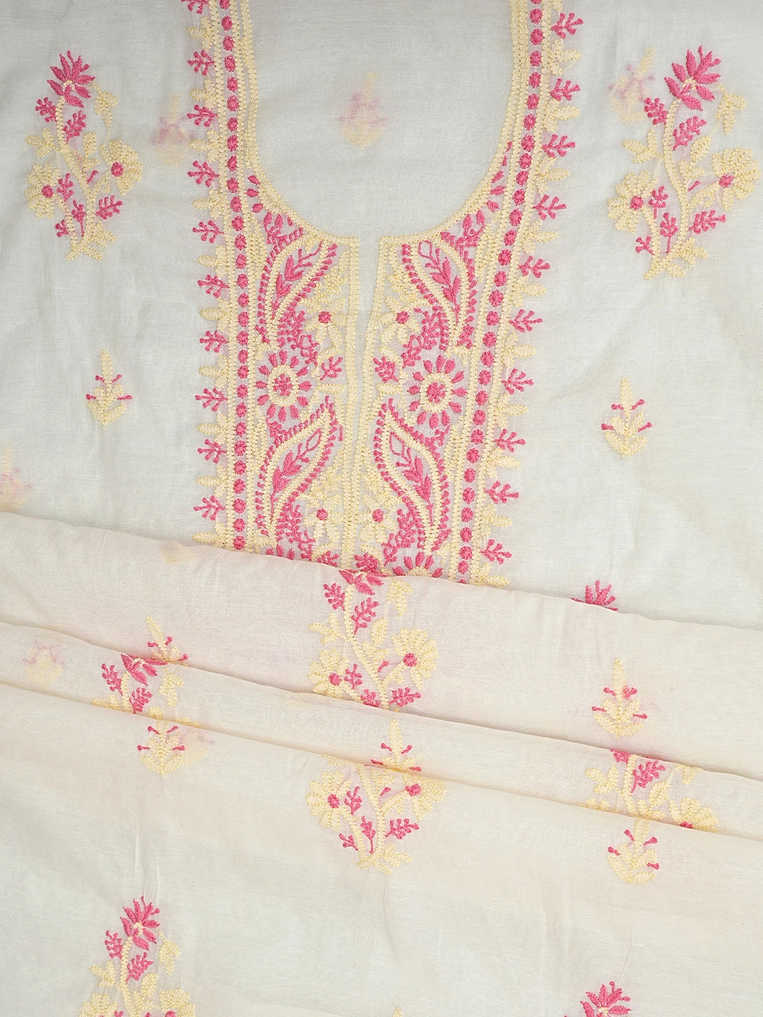 Ada Hand Embroidered Beige Chanderi Lucknowi Chikankari Kurta Dupatta Set 01A895974