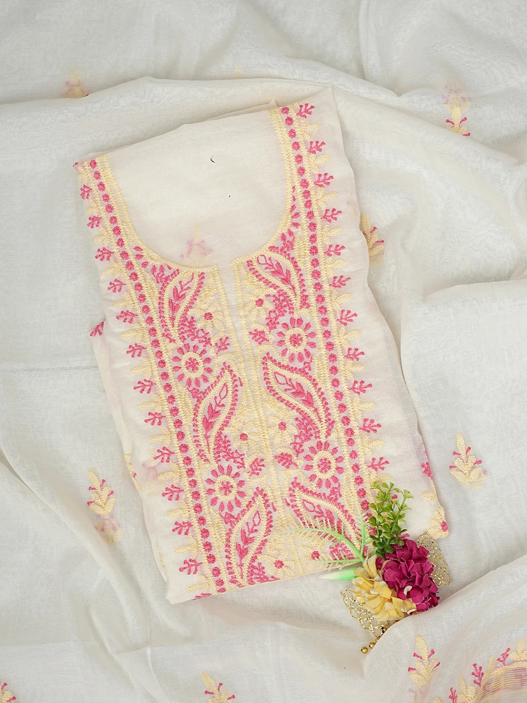 Ada Hand Embroidered Beige Chanderi Lucknowi Chikankari Kurta Dupatta Set 01A895974