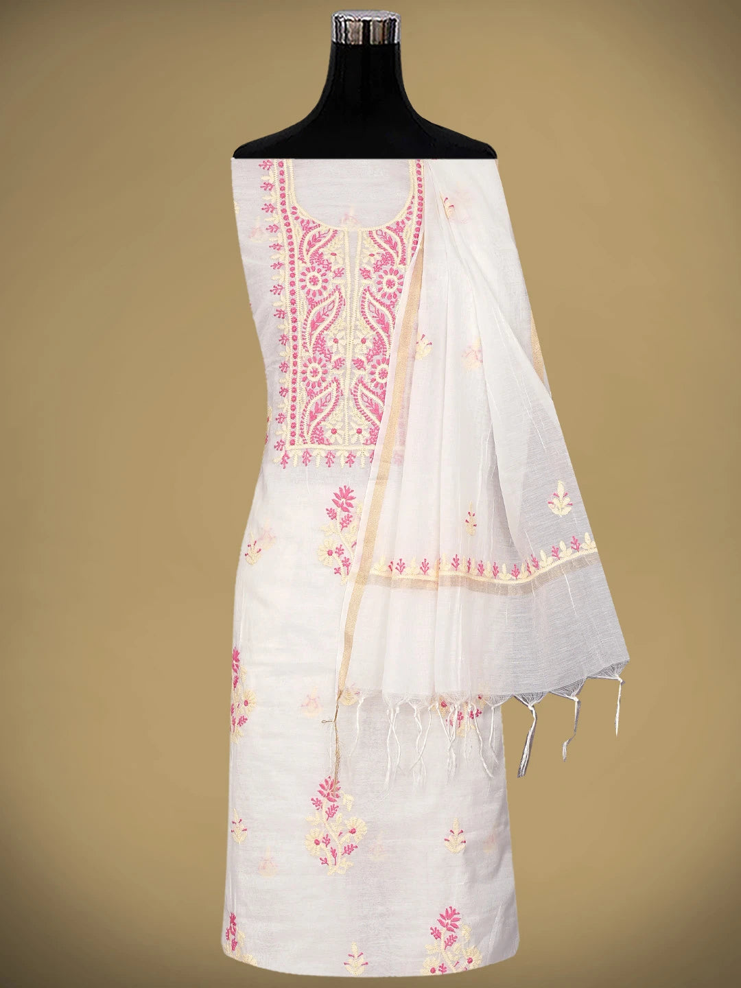 Ada Hand Embroidered Beige Chanderi Lucknowi Chikankari Kurta Dupatta Set 01A895974