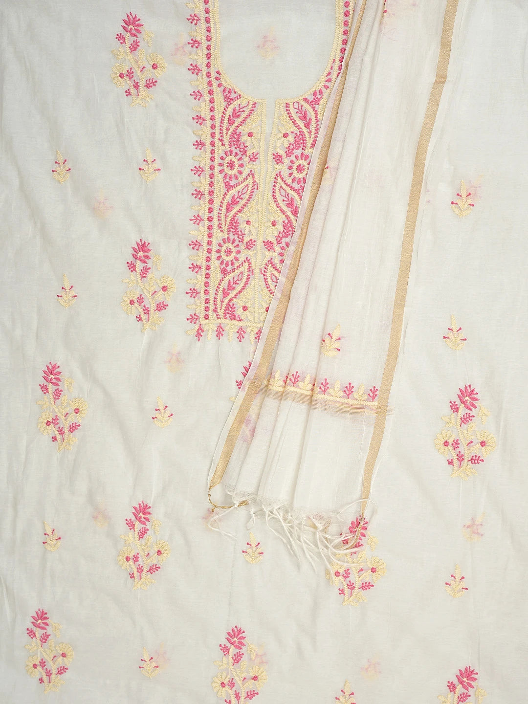 Ada Hand Embroidered Beige Chanderi Lucknowi Chikankari Kurta Dupatta Set 01A895974