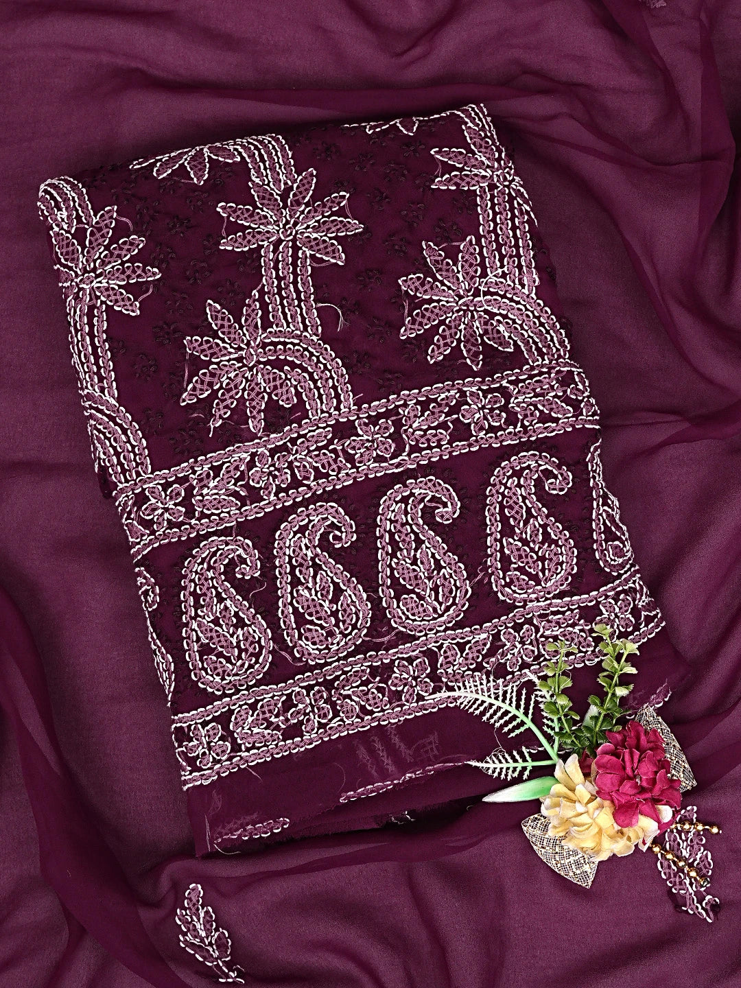Ada Hand Embroidered Wine Georgette Lucknowi Chikankari Unstitched Suit Piece 01A872276