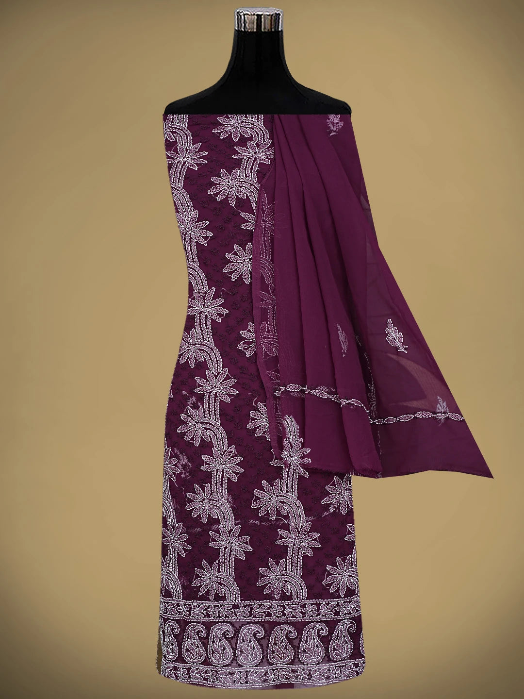 Ada Hand Embroidered Wine Georgette Lucknowi Chikankari Unstitched Suit Piece 01A872276