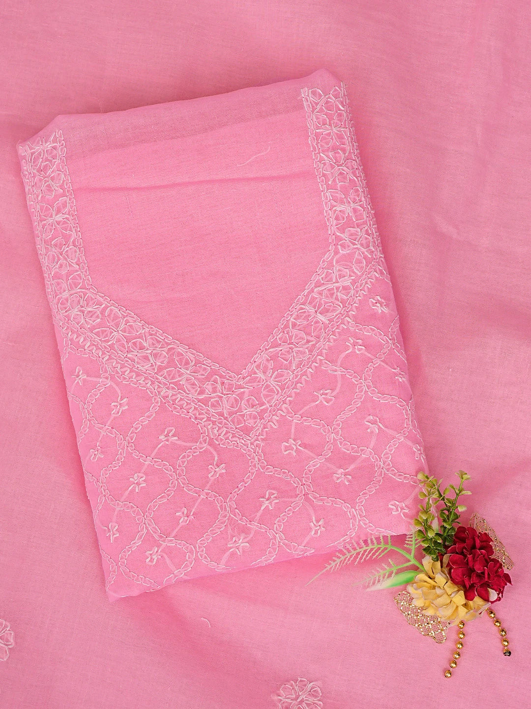 Ada Hand Embroidered Pink Cotton Lucknowi Chikankari Unstitched Suit Piece 01A882285