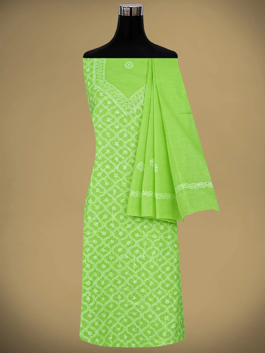Ada Hand Embroidered Green Cotton Lucknowi Chikankari Unstitched Suit Piece 01A882371