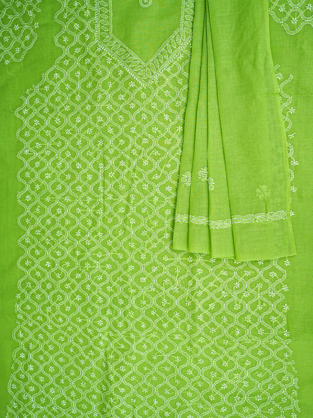 Ada Hand Embroidered Green Cotton Lucknowi Chikankari Unstitched Suit Piece 01A882371