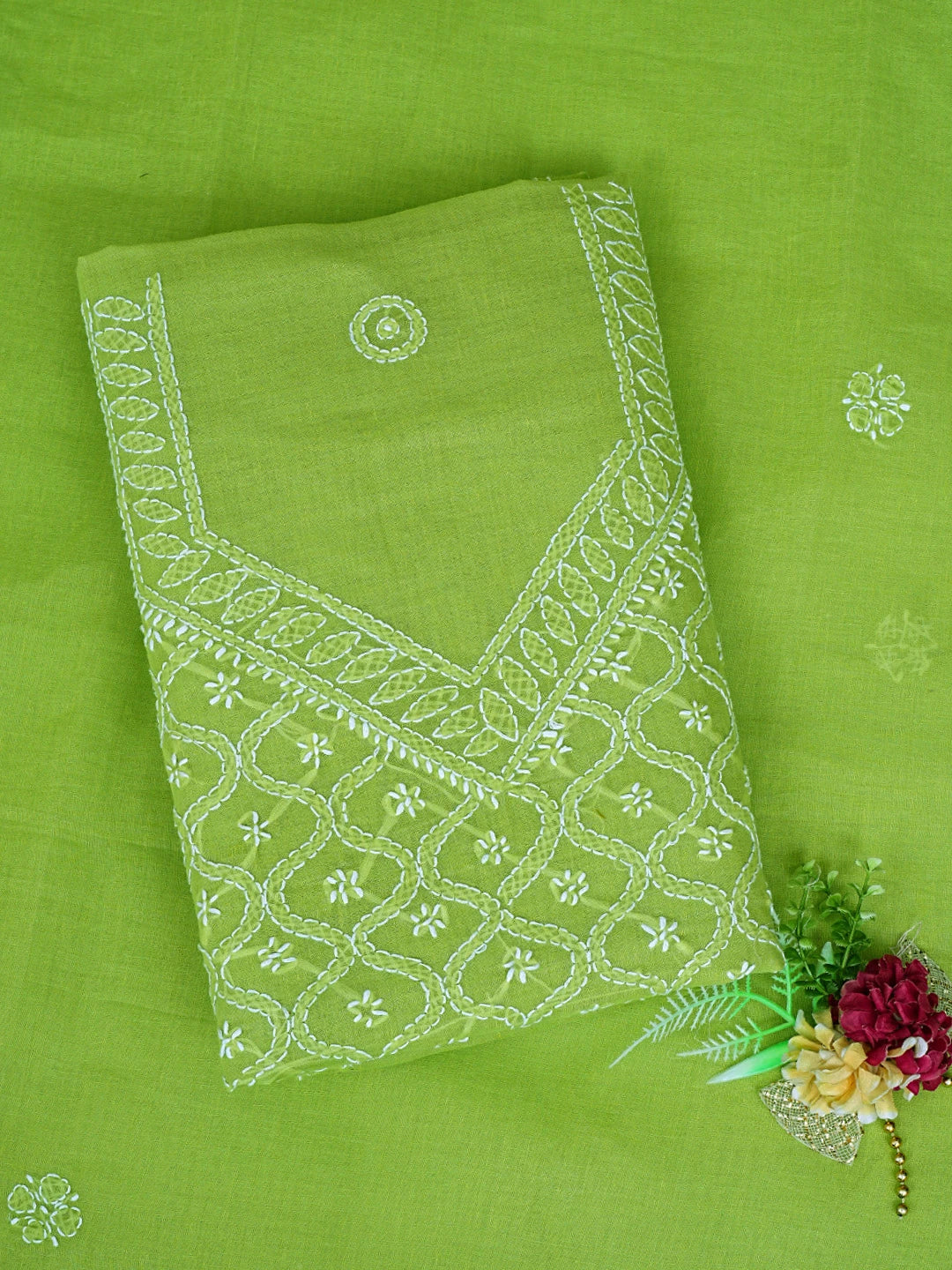 Ada Hand Embroidered Green Cotton Lucknowi Chikankari Unstitched Suit Piece 01A882371