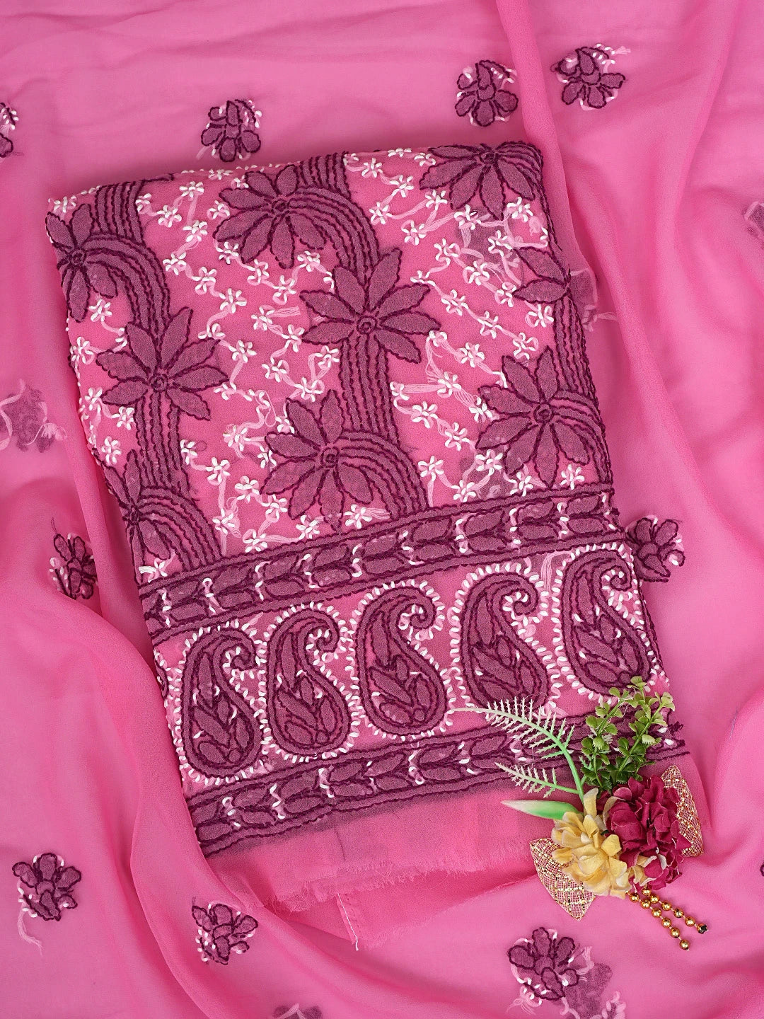 Ada Hand Embroidered Bubblegum Pink Georgette Lucknowi Chikankari Unstitched Suit Piece 01A872265