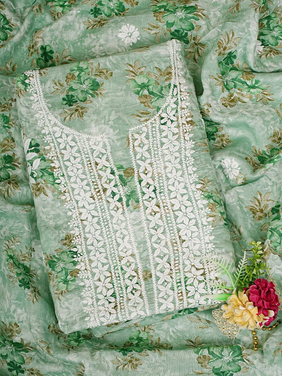 Ada Hand Embroidered Floral Printed Sea Green Cotton Lucknowi Chikankari Kurta Dupatta Set 01A898196