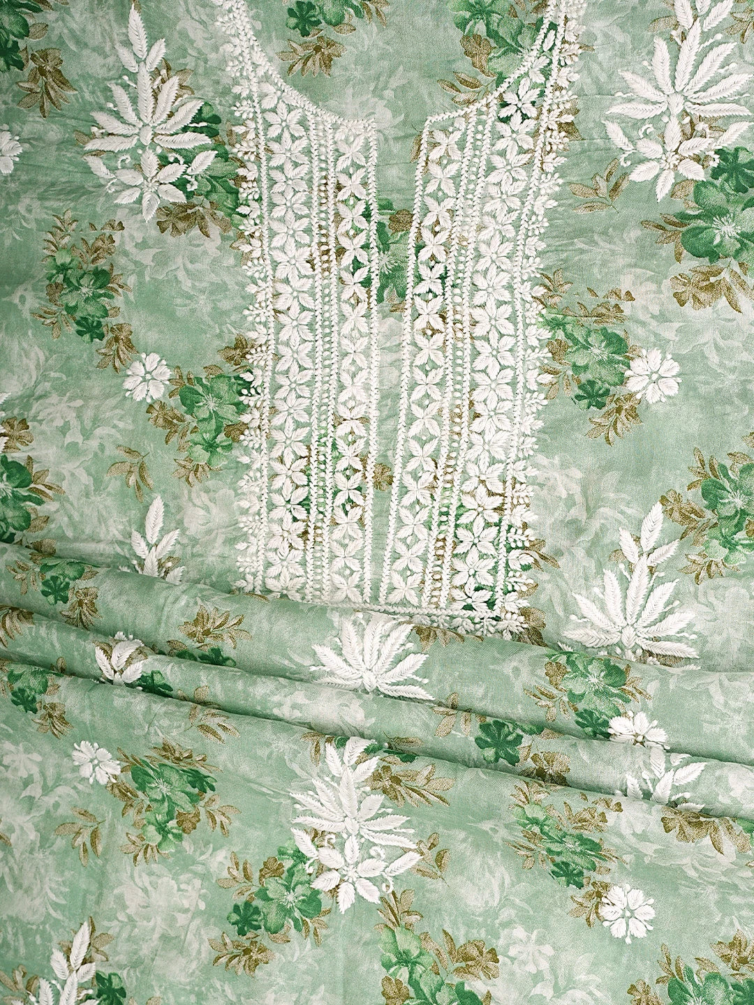 Ada Hand Embroidered Floral Printed Sea Green Cotton Lucknowi Chikankari Kurta Dupatta Set 01A898196