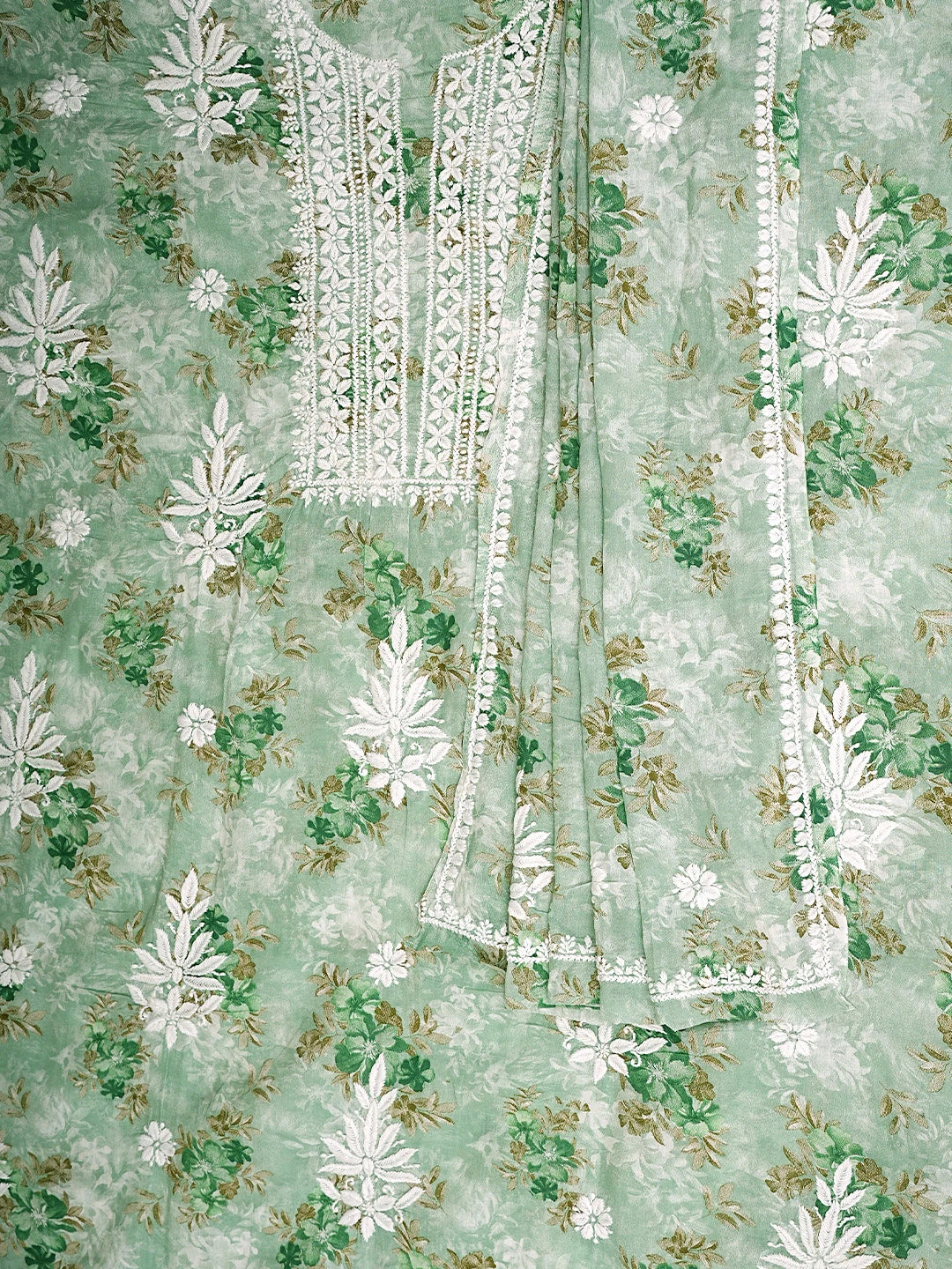 Ada Hand Embroidered Floral Printed Sea Green Cotton Lucknowi Chikankari Kurta Dupatta Set 01A898196