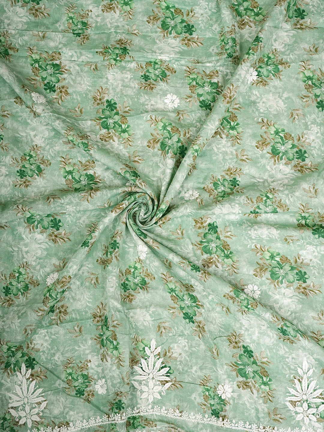 Ada Hand Embroidered Floral Printed Sea Green Cotton Lucknowi Chikankari Kurta Dupatta Set 01A898196