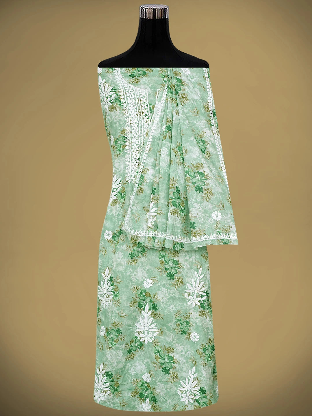 Ada Hand Embroidered Floral Printed Sea Green Cotton Lucknowi Chikankari Kurta Dupatta Set 01A898196