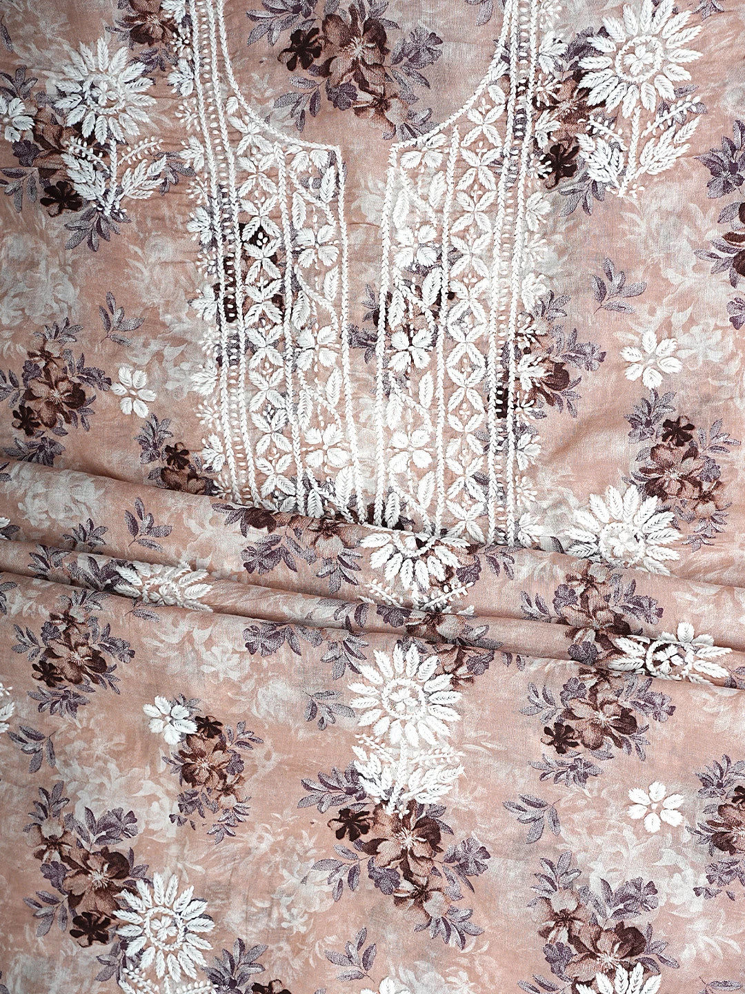 Ada Hand Embroidered Floral Printed Dusty Peach Cotton Lucknowi Chikankari Kurta Dupatta Set 01A898195