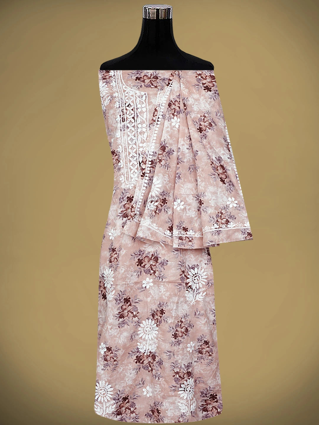 Ada Hand Embroidered Floral Printed Dusty Peach Cotton Lucknowi Chikankari Kurta Dupatta Set 01A898195
