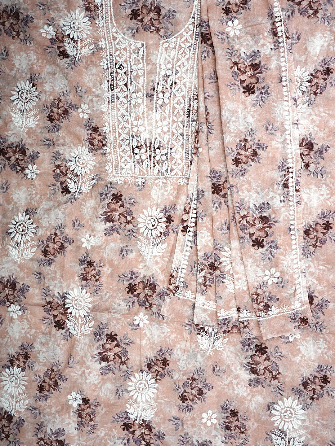 Ada Hand Embroidered Floral Printed Dusty Peach Cotton Lucknowi Chikankari Kurta Dupatta Set 01A898195