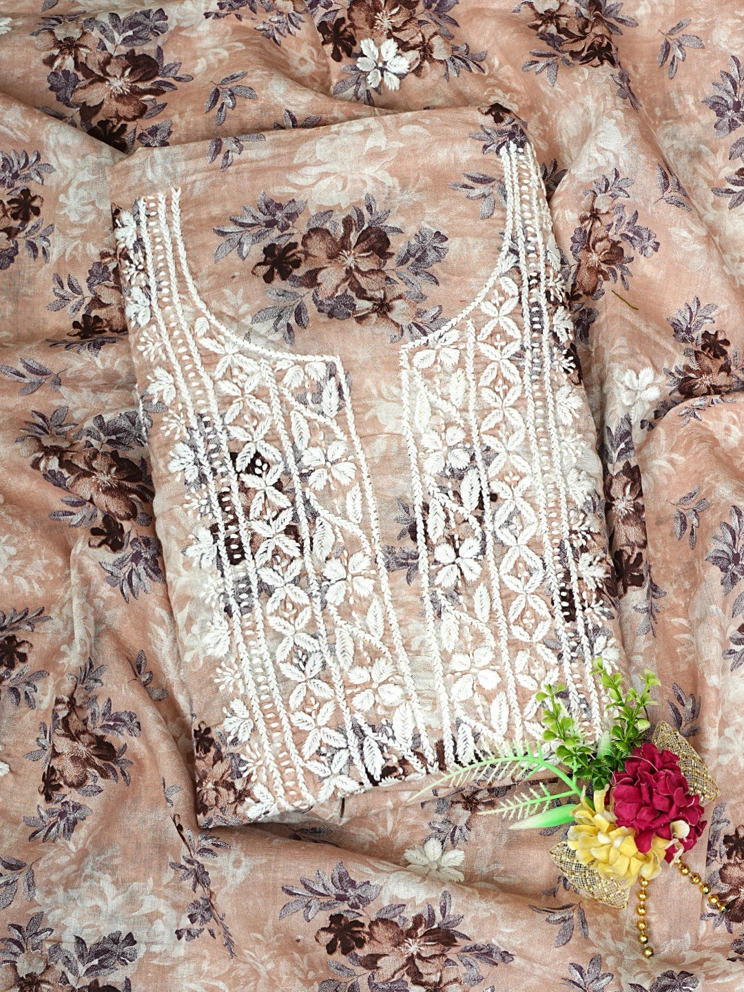 Ada Hand Embroidered Floral Printed Dusty Peach Cotton Lucknowi Chikankari Kurta Dupatta Set 01A898195
