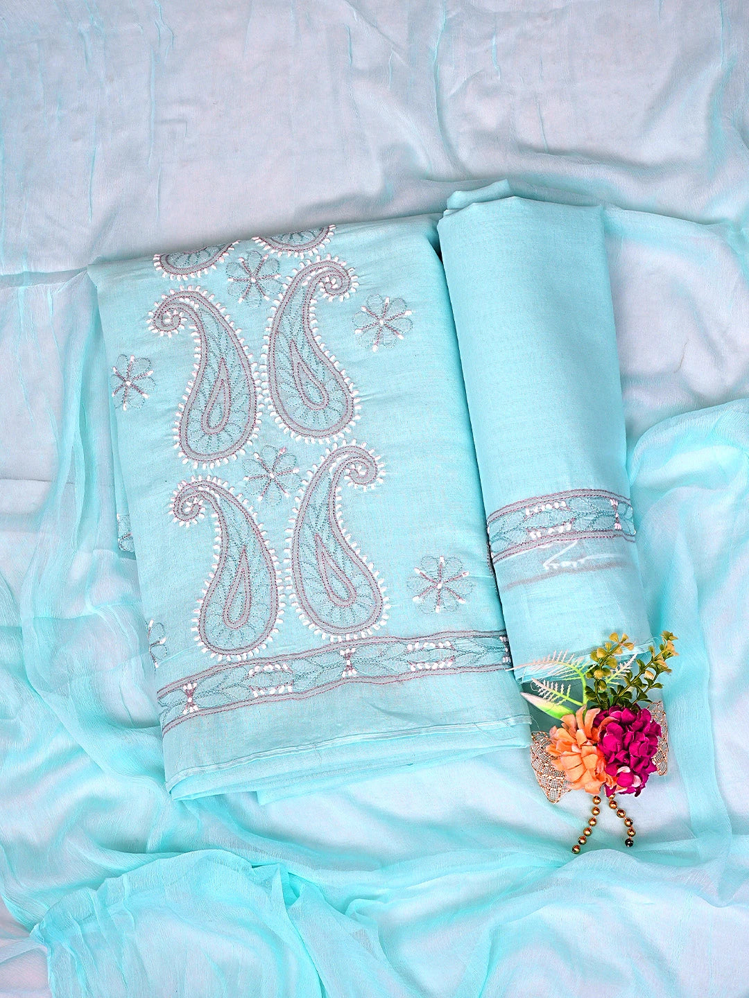 Ada Hand Embroidered Blue Cotton Lucknowi Chikankari Unstitched Suit Piece with Chiffon Dupatta 01A879287