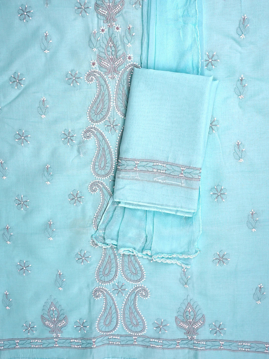 Ada Hand Embroidered Blue Cotton Lucknowi Chikankari Unstitched Suit Piece with Chiffon Dupatta 01A879287