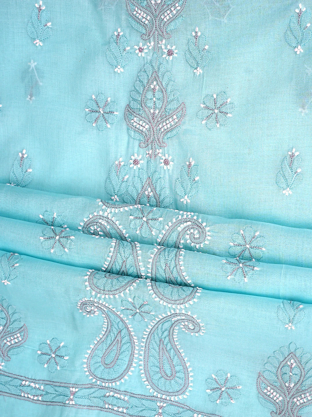 Ada Hand Embroidered Blue Cotton Lucknowi Chikankari Unstitched Suit Piece with Chiffon Dupatta 01A879287
