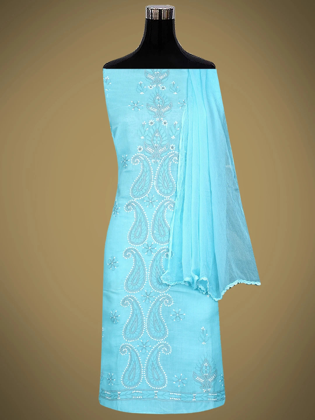 Ada Hand Embroidered Blue Cotton Lucknowi Chikankari Unstitched Suit Piece with Chiffon Dupatta 01A879287