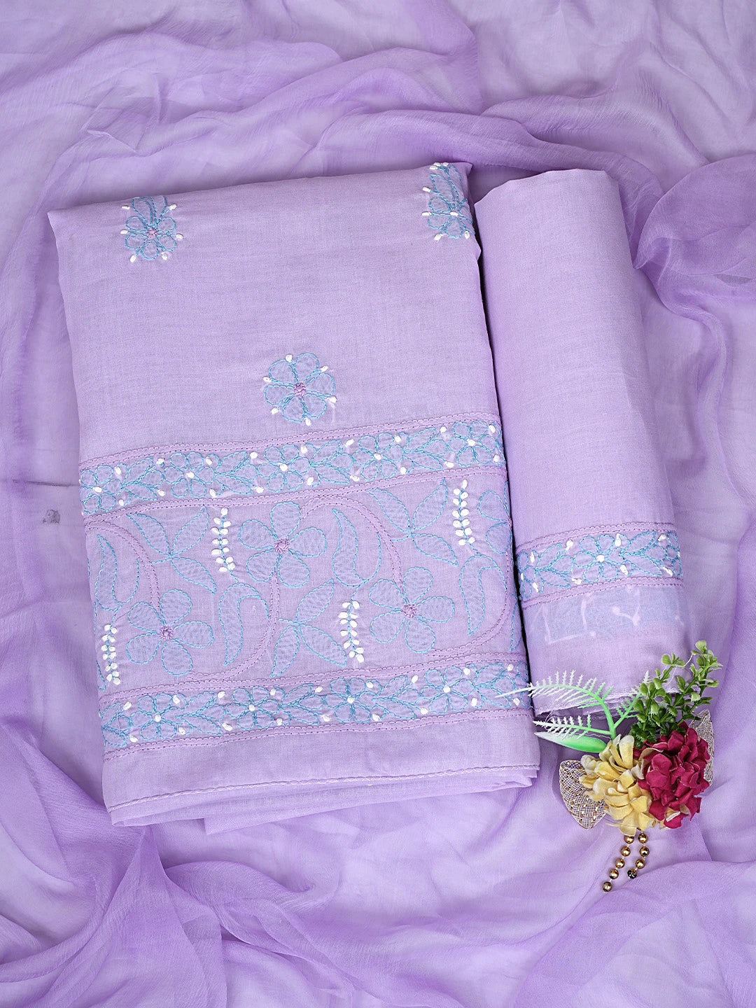 Ada Hand Embroidered Mauve Cotton Lucknowi Chikankari Unstitched Suit Piece with Chiffon Dupatta 01A886978