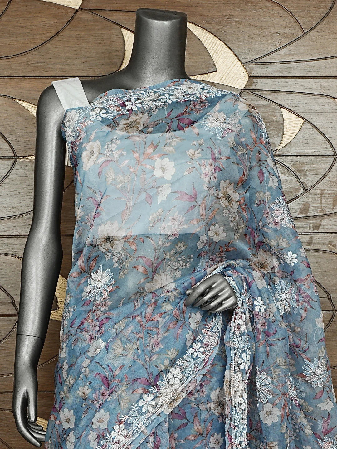 Ada Hand Embroidered Floral Printed Grey Organza Lucknowi Chikankari Saree and Blouse 01A898058
