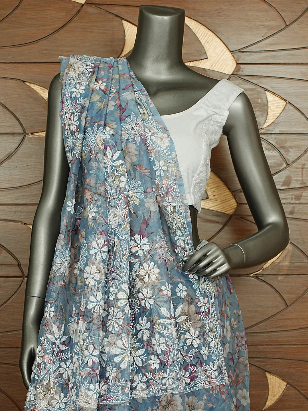 Ada Hand Embroidered Floral Printed Grey Organza Lucknowi Chikankari Saree and Blouse 01A898058