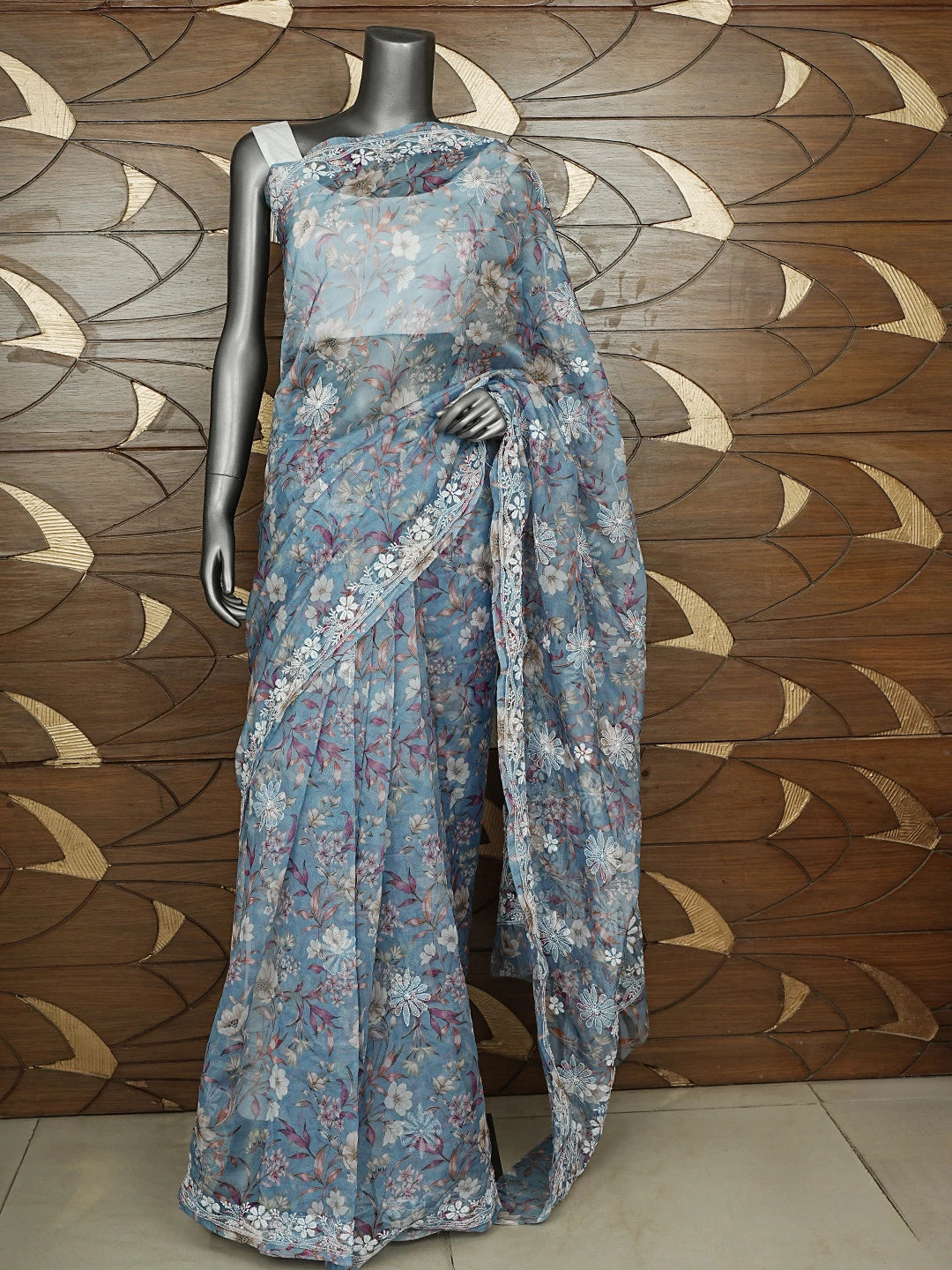 Ada Hand Embroidered Floral Printed Grey Organza Lucknowi Chikankari Saree and Blouse 01A898058