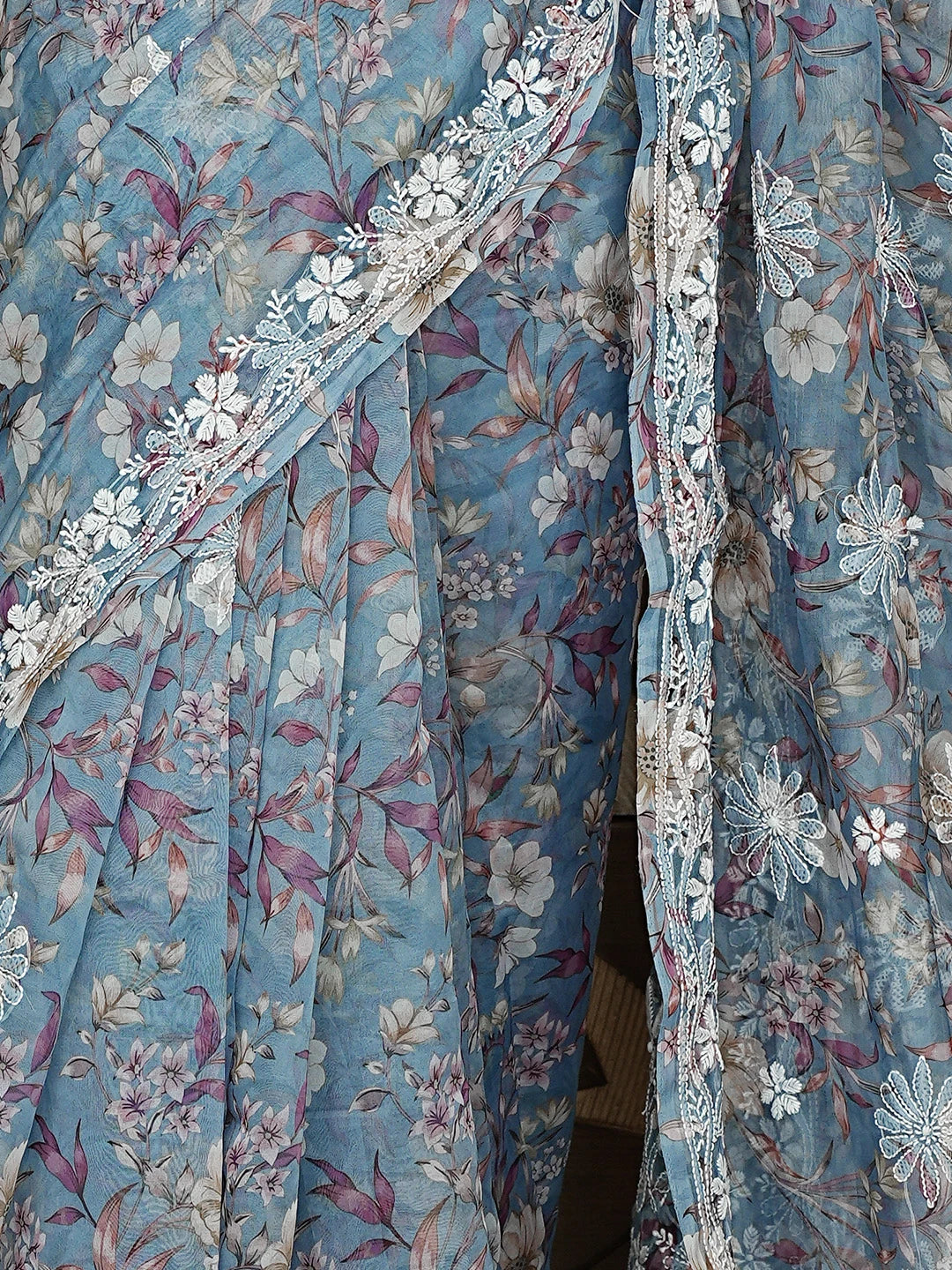 Ada Hand Embroidered Floral Printed Grey Organza Lucknowi Chikankari Saree and Blouse 01A898058