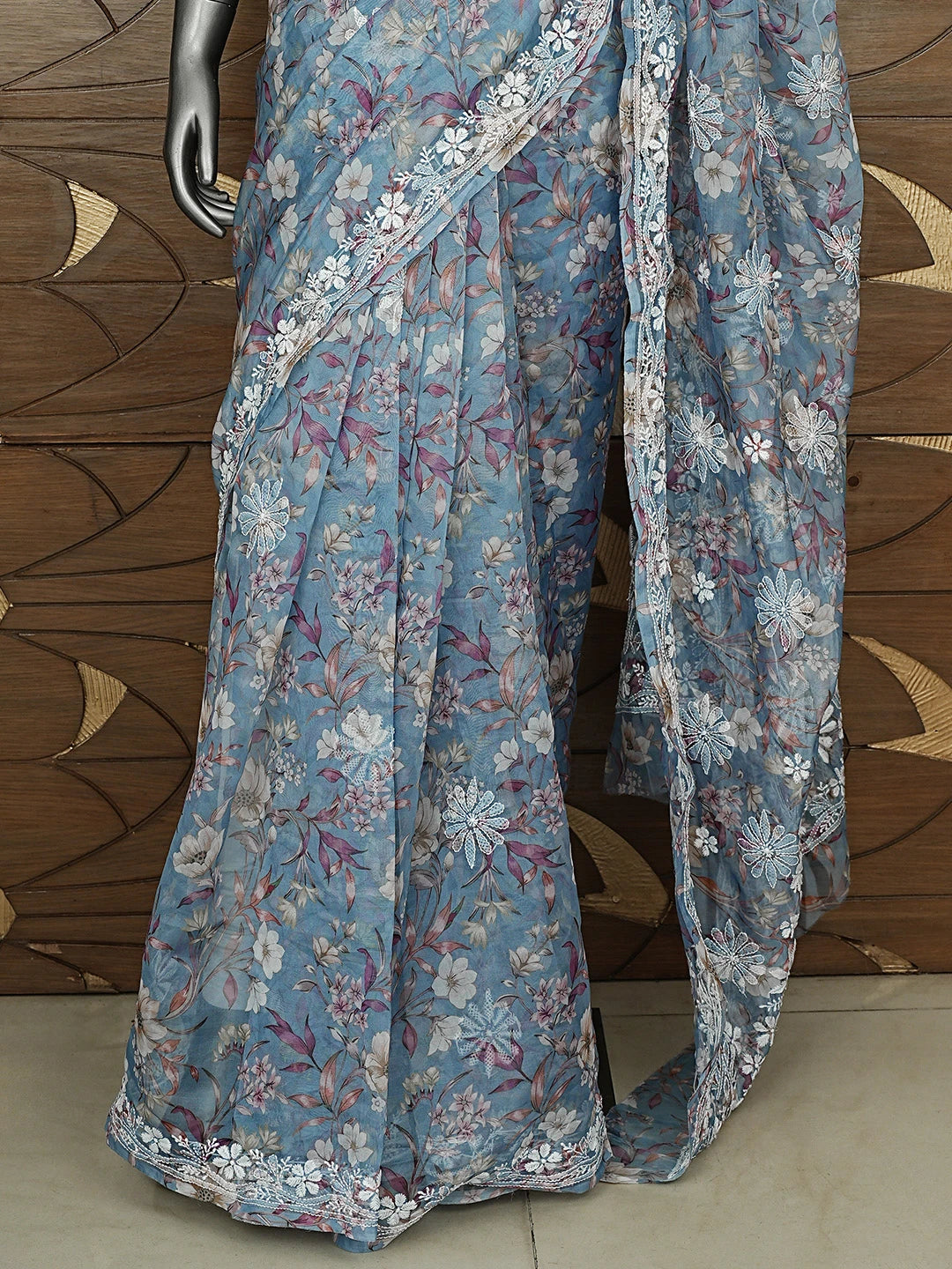 Ada Hand Embroidered Floral Printed Grey Organza Lucknowi Chikankari Saree and Blouse 01A898058