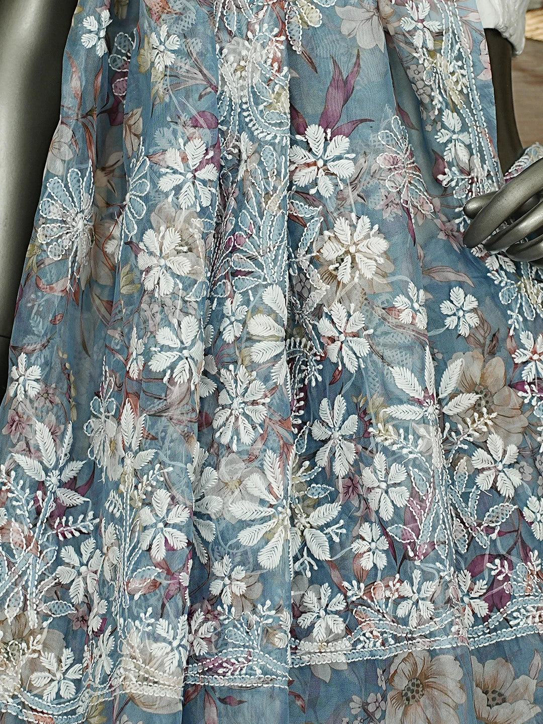 Ada Hand Embroidered Floral Printed Grey Organza Lucknowi Chikankari Saree and Blouse 01A898058
