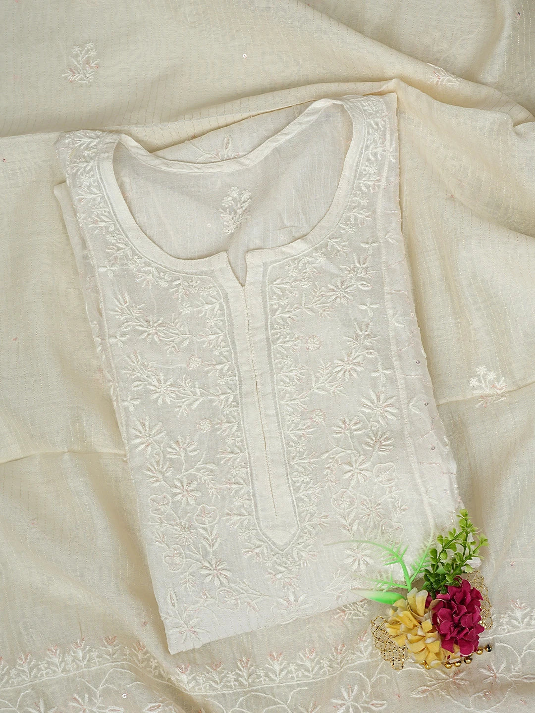 Ada Hand Embroidered White Seashell Chanderi Lucknowi Chikankari Unstitched Kurta Dupatta Set With Cutdana Work 01A894076