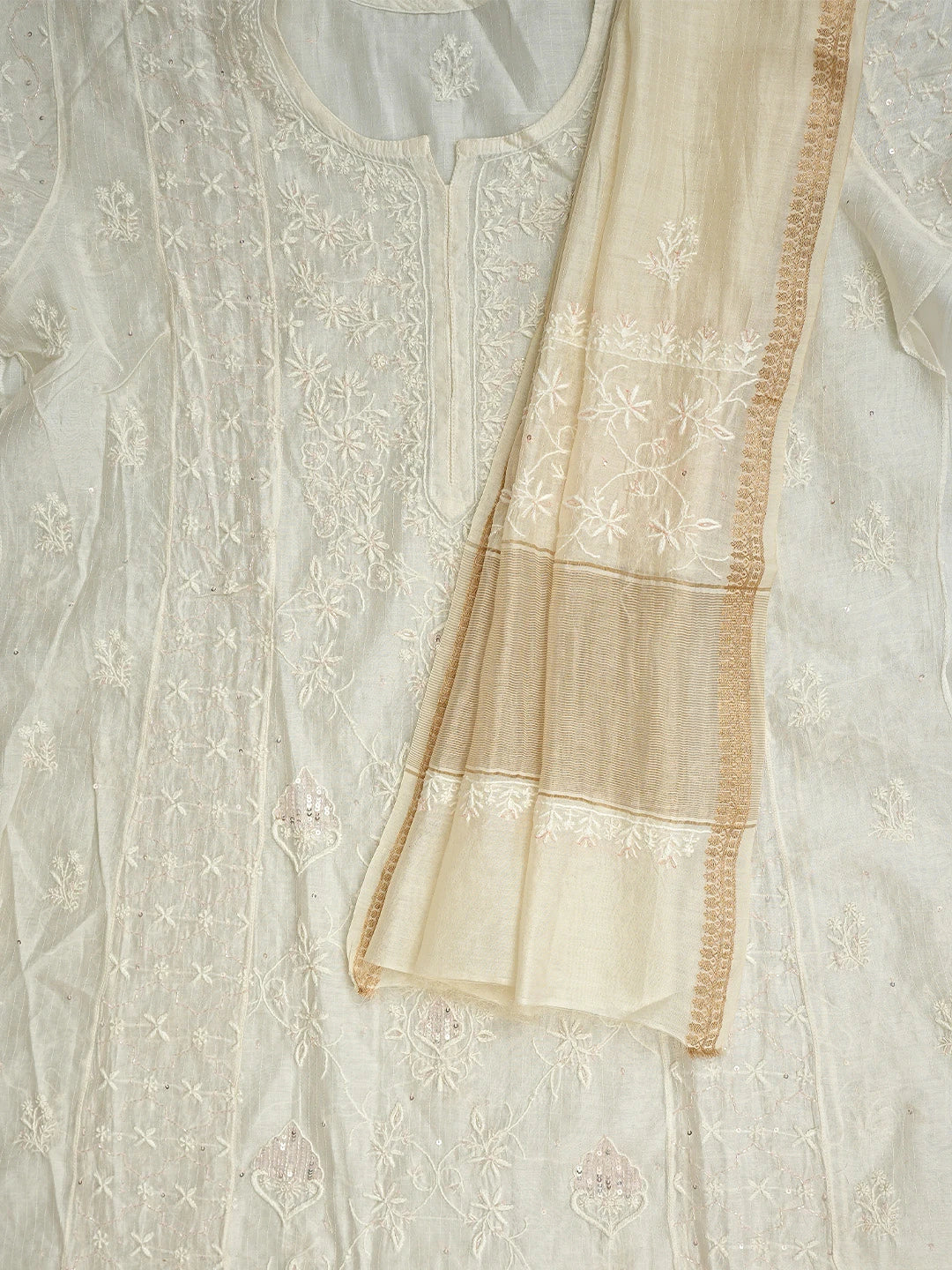 Ada Hand Embroidered White Seashell Chanderi Lucknowi Chikankari Unstitched Kurta Dupatta Set With Cutdana Work 01A894076