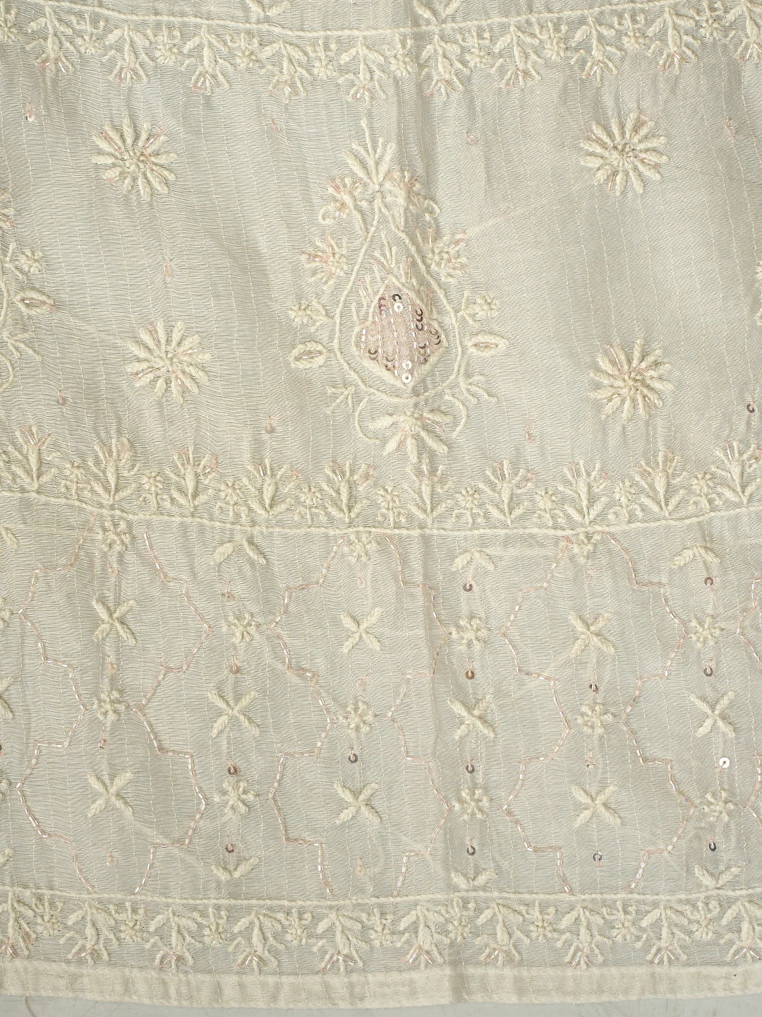 Ada Hand Embroidered White Seashell Chanderi Lucknowi Chikankari Unstitched Kurta Dupatta Set With Cutdana Work 01A894076