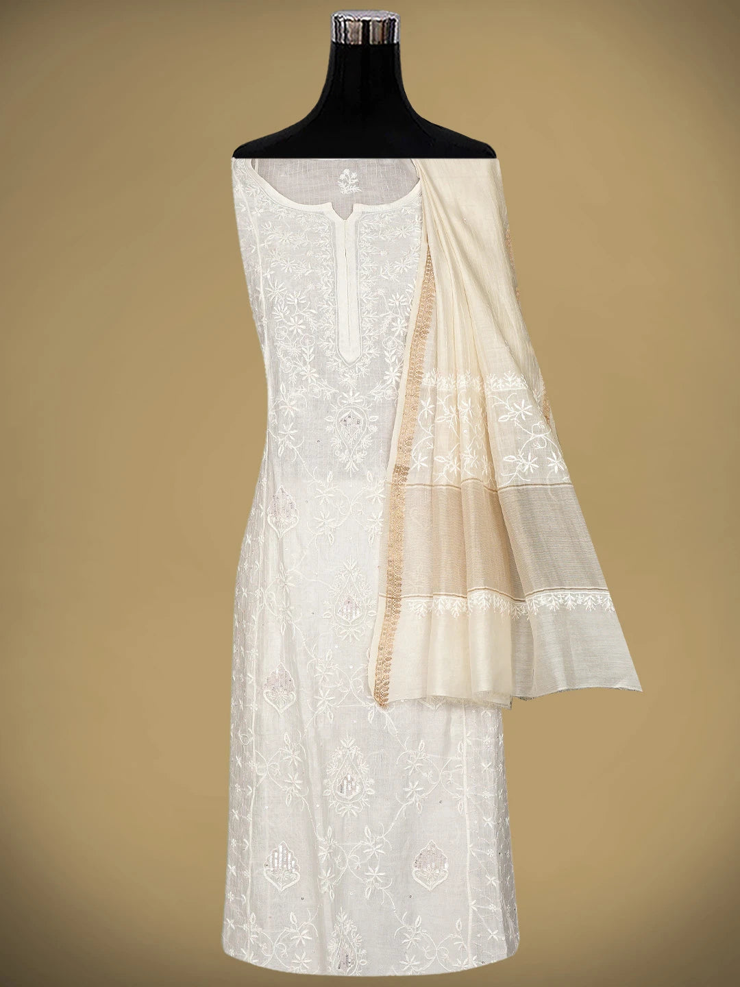 Ada Hand Embroidered White Seashell Chanderi Lucknowi Chikankari Unstitched Kurta Dupatta Set With Cutdana Work 01A894076