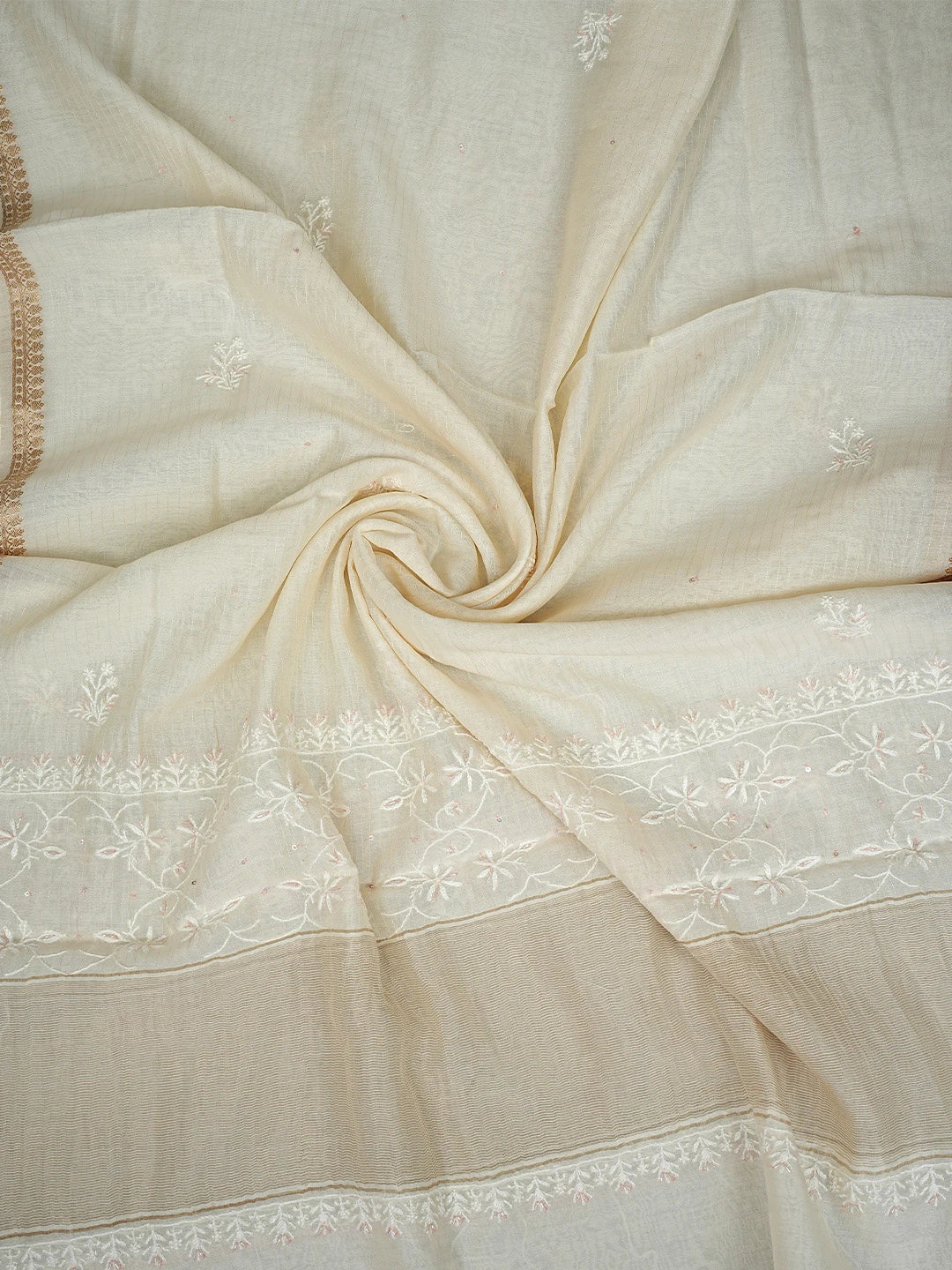 Ada Hand Embroidered White Seashell Chanderi Lucknowi Chikankari Unstitched Kurta Dupatta Set With Cutdana Work 01A894076