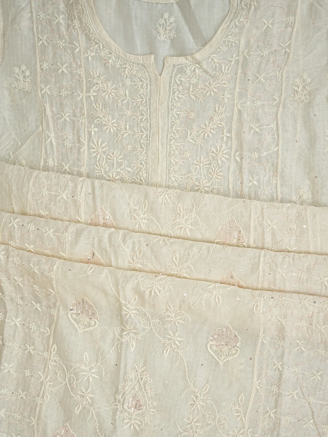 Ada Hand Embroidered White Seashell Chanderi Lucknowi Chikankari Unstitched Kurta Dupatta Set With Cutdana Work 01A894076