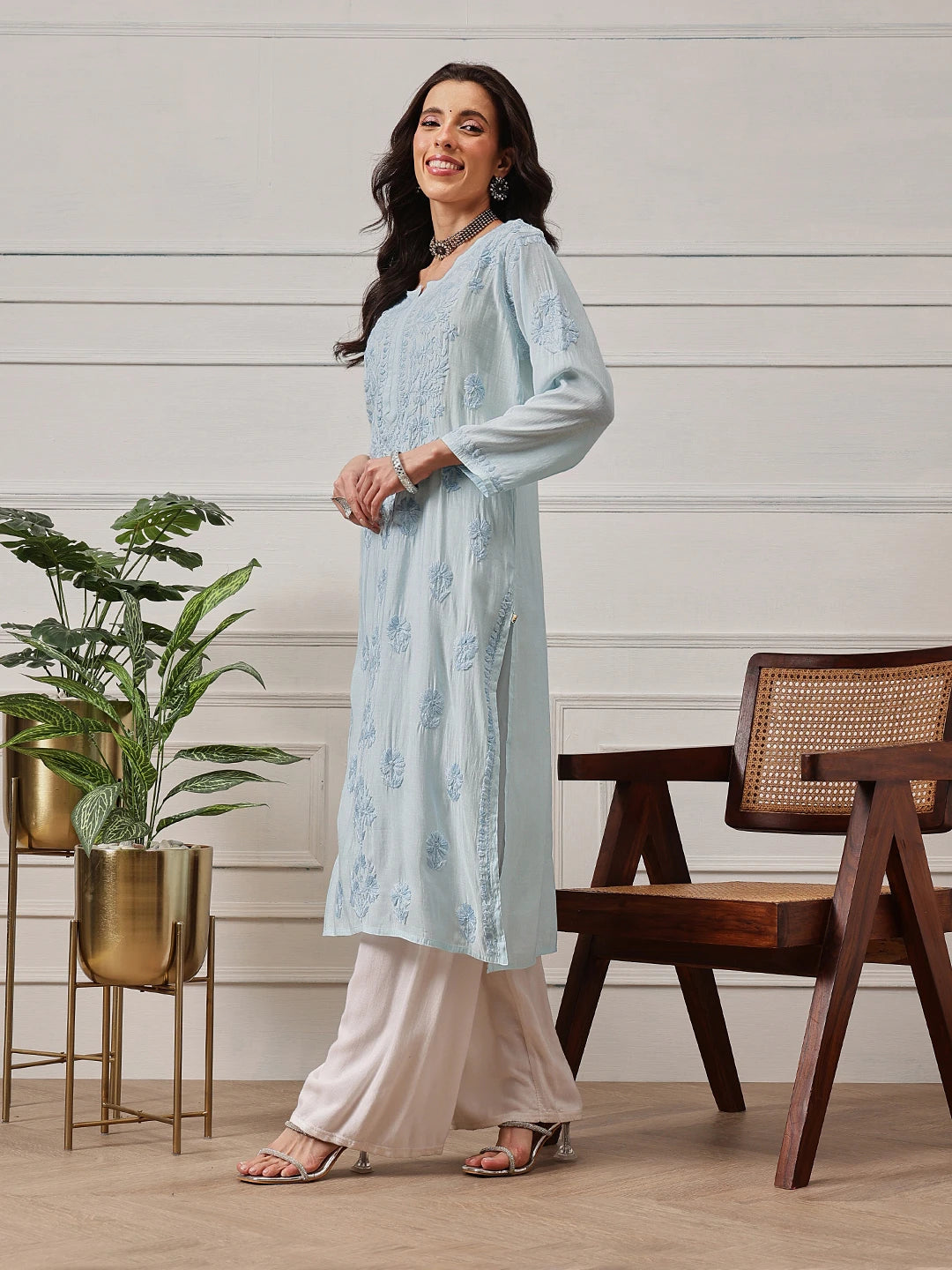 Ada Hand Embroidered Blue Chanderi Lucknowi Chikankari Straight Kurta A411780