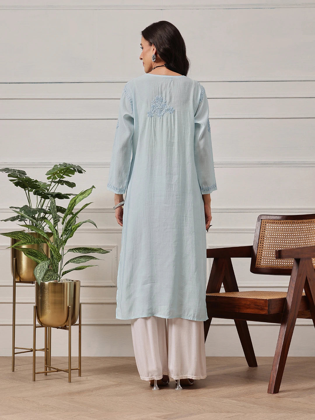 Ada Hand Embroidered Blue Chanderi Lucknowi Chikankari Straight Kurta A411780