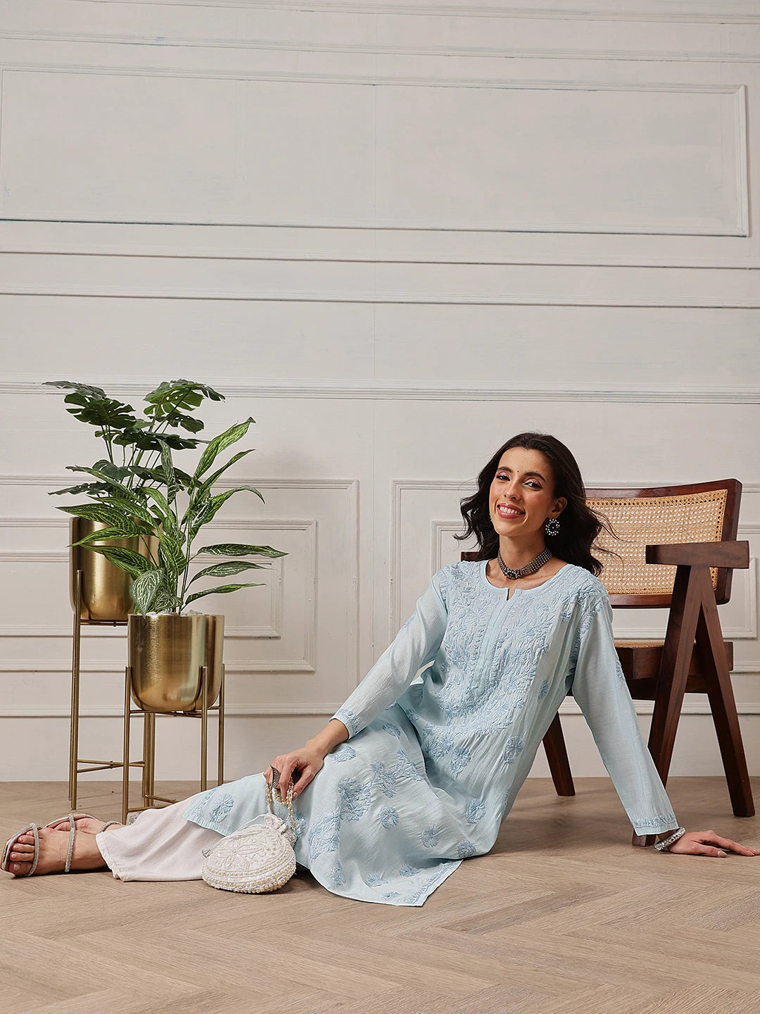 Ada Hand Embroidered Blue Chanderi Lucknowi Chikankari Straight Kurta A411780