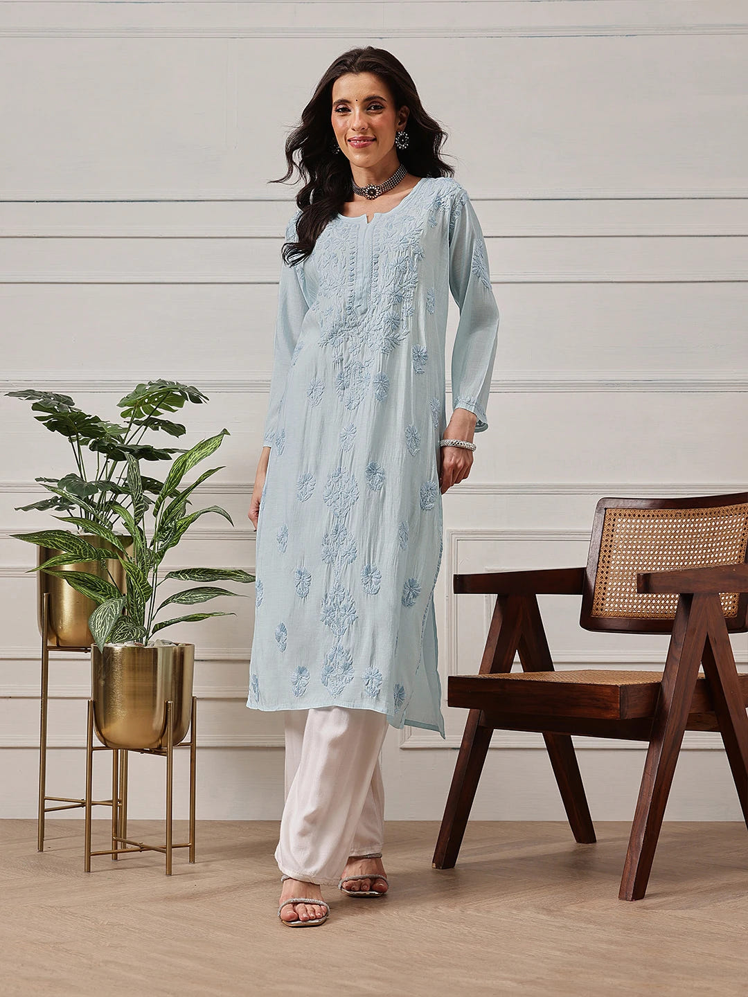 Ada Hand Embroidered Blue Chanderi Lucknowi Chikankari Straight Kurta A411780