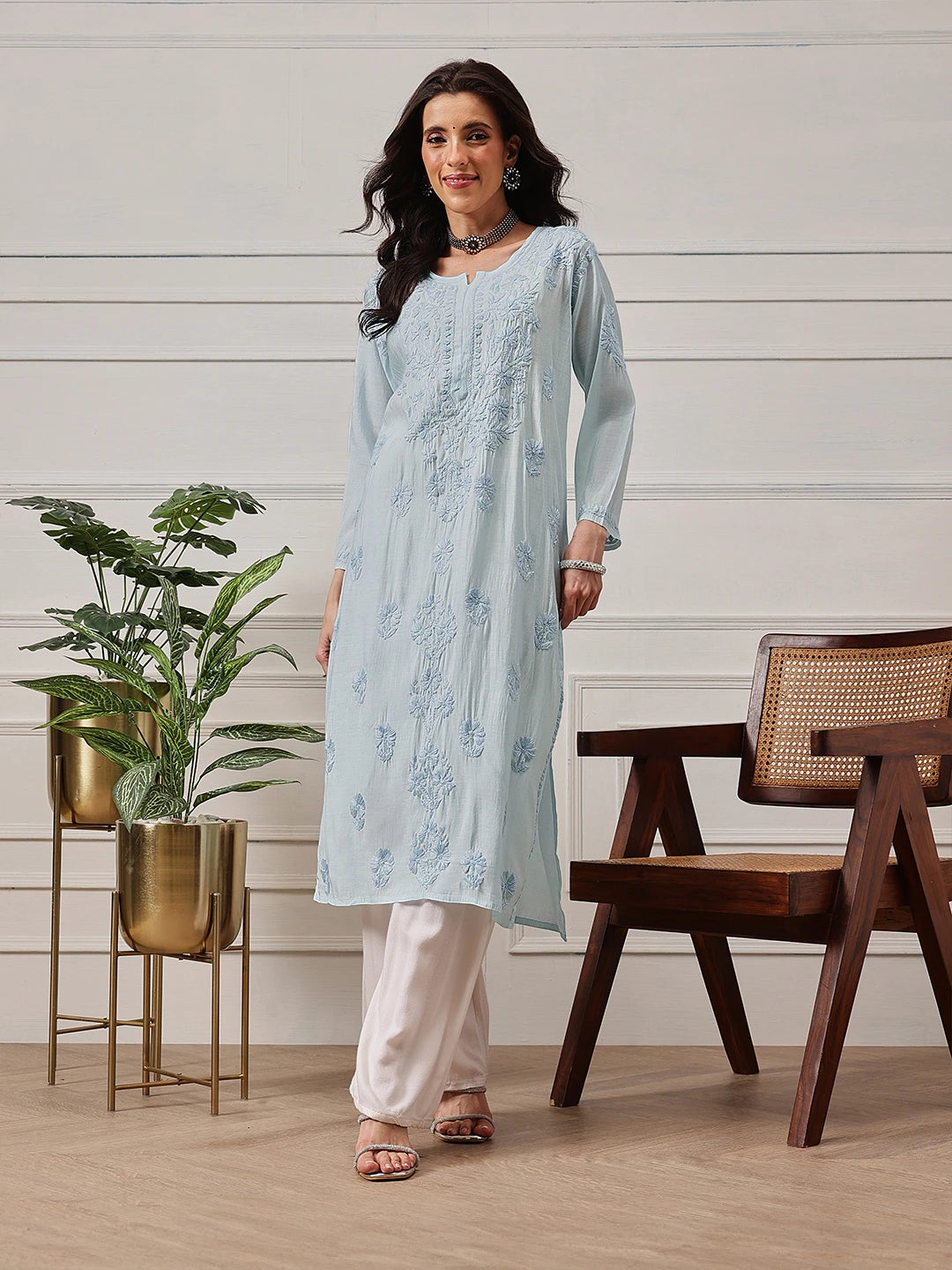 Ada Hand Embroidered Blue Chanderi Lucknowi Chikankari Straight Kurta A411780