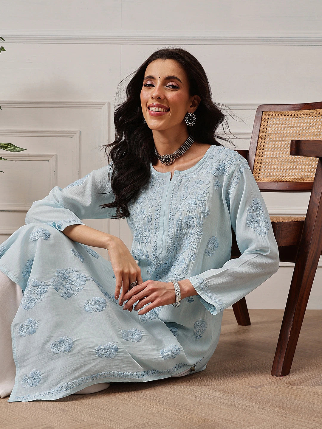 Ada Hand Embroidered Blue Chanderi Lucknowi Chikankari Straight Kurta A411780